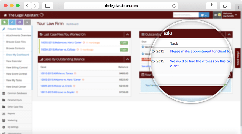 Screenshot of The Legal Assistant software showing Task Management for paralegals